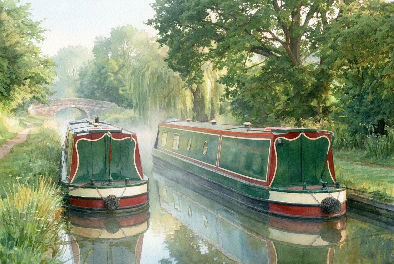 The same narrowboat painted as a soft watercolour illustration