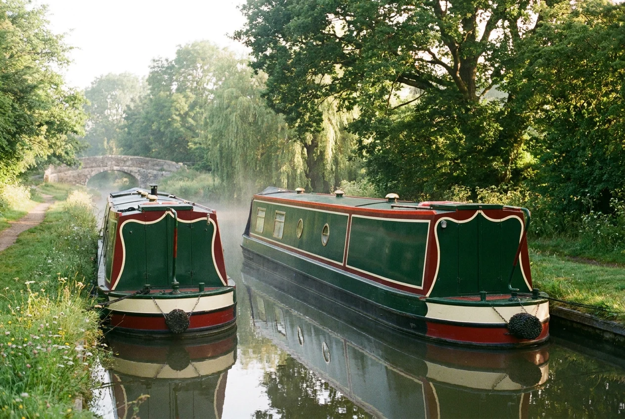 A traditional narrowboat moored on a quiet stretch of canal in morning light